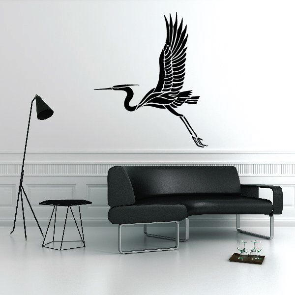 Black flying bird wall decal, vinyl crane silhouette with spread wings