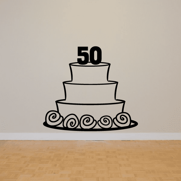 50th birthday cake decal with three-tier cake, “50” candle topper, and scroll base