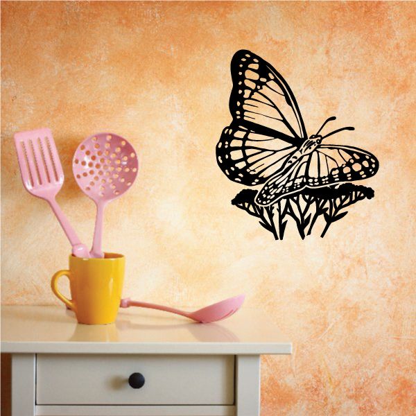 Image of Black and White Butterfly Over Flowers Decal