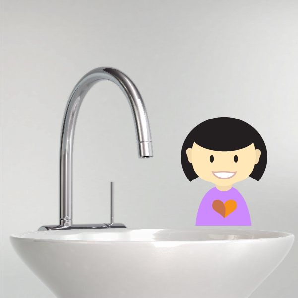 Smiling black-haired girl wall decal in purple shirt with heart