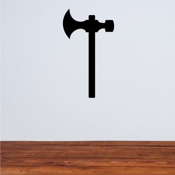 Black warhammer decal with long handle and axe head silhouette.