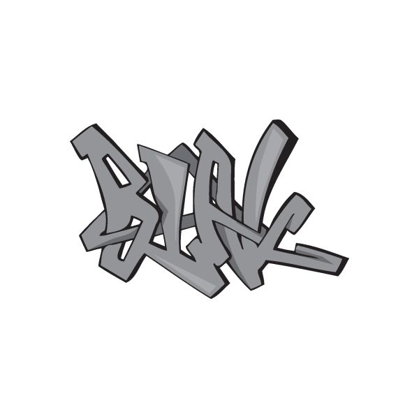 Blak graffiti sticker, dark gray bold script with light highlights