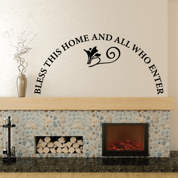 Wall decal with BLESS THIS HOME AND ALL WHO ENTER text and heart flourish