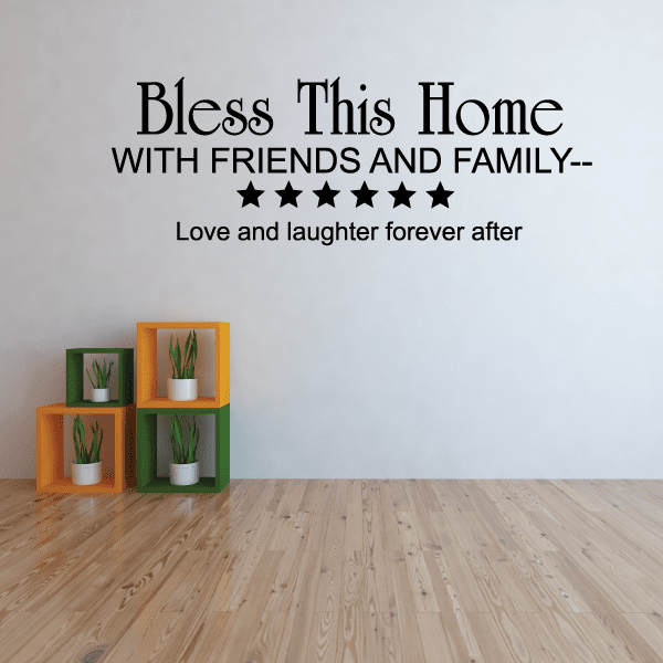 Wall decal with 'Bless this home' quote in black lettering and star accents