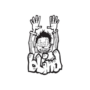 Graffiti decal sticker with black-and-white cartoon character and raised hands