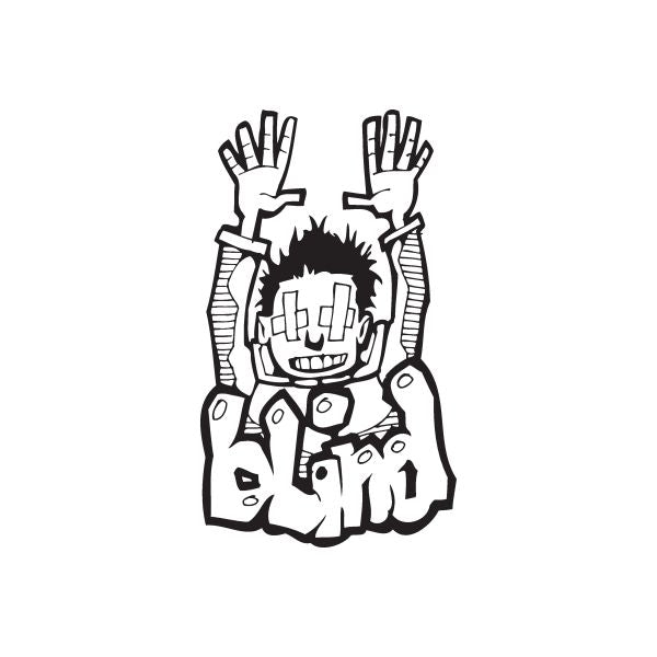 Graffiti decal sticker with black-and-white cartoon character and raised hands