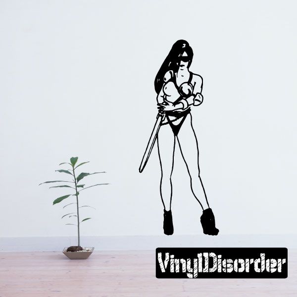 Swordswoman decal of a blindfolded figure holding a sword, black-and-white outline