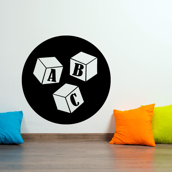Vinyl ABC block letter wall decal with three cube letters A, B, C in a black circle.