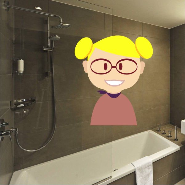 Blonde girl sticker with yellow hair, red glasses, and purple scarf