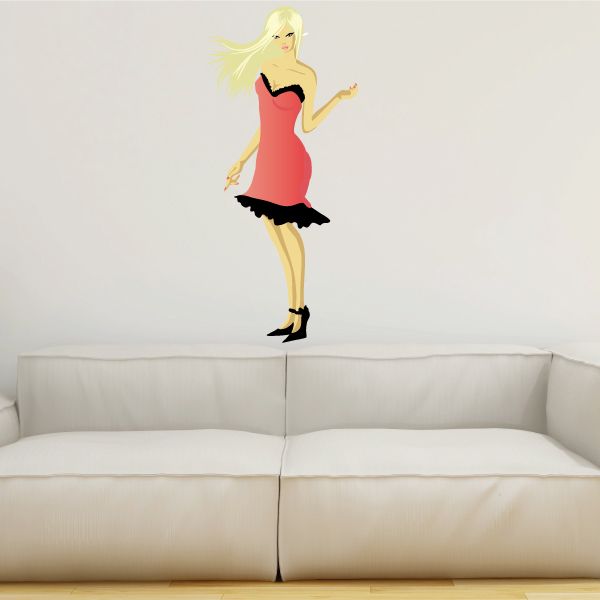 Blonde party dress sticker of a woman in red dress with black heels