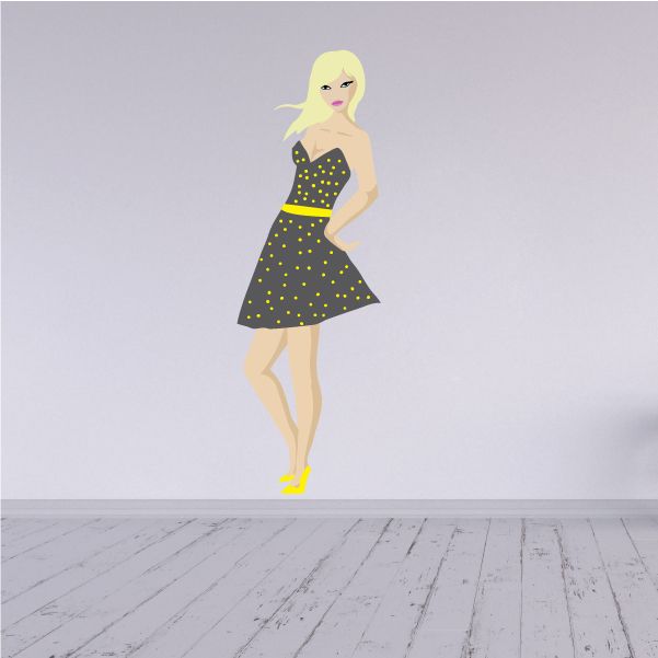 Blonde in polka dot dress sticker: black sleeveless dress with yellow dots and belt