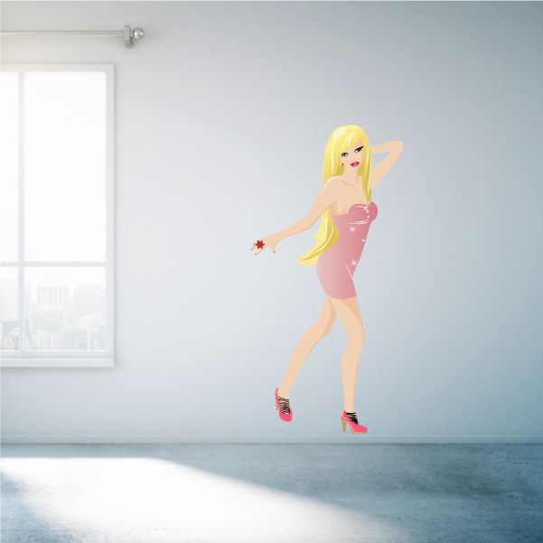 Blonde woman sticker in a short pink dress, high heels, waving