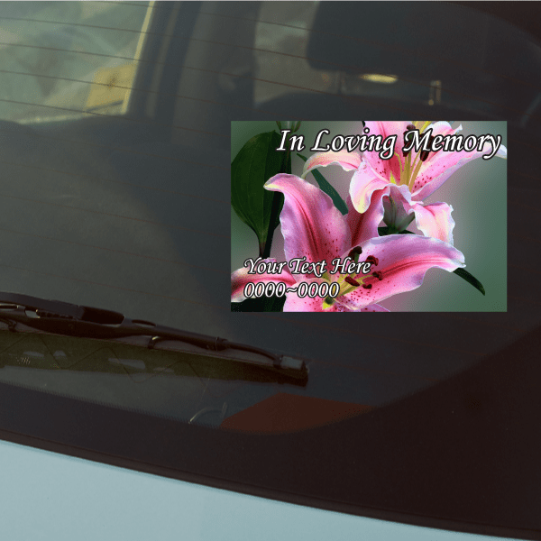 Custom memorial sticker with pink watercolor flower and In Loving Memory text