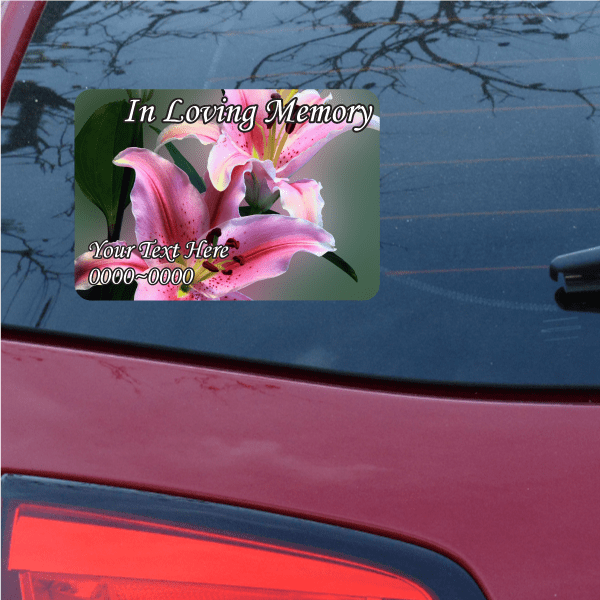 Rectangular memorial sticker: pink flowers with 'In Loving Memory' and 'Your Text Here'.