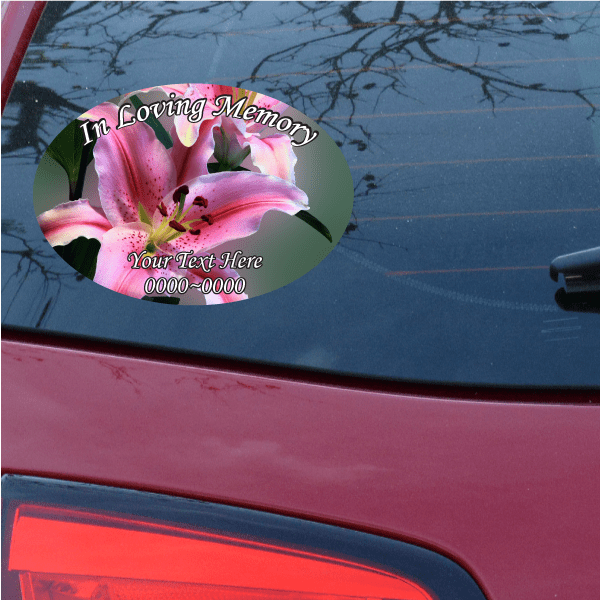 Custom memorial sticker: circular pink flower with 'In Loving Memory' and 'Your Text Here'