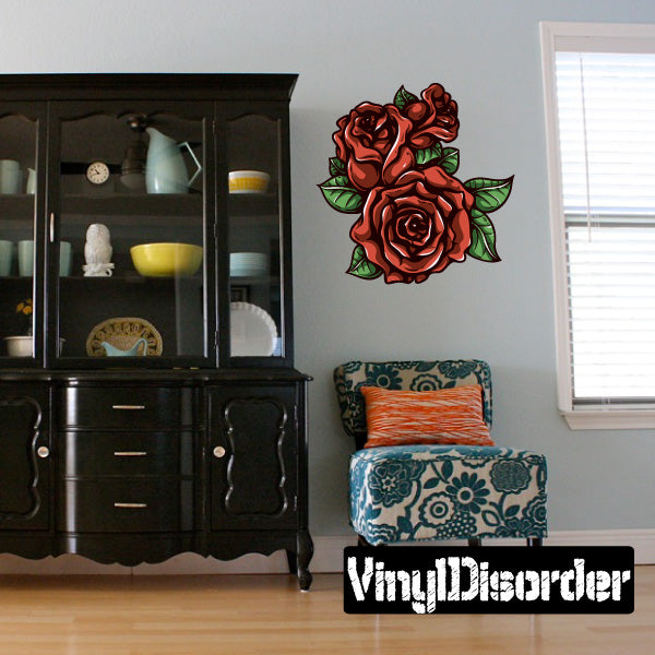 Red rose cluster floral wall sticker with green leaves