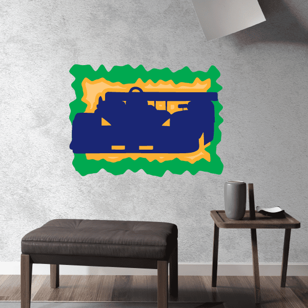 Race car sticker with blue car, green border, yellow accents