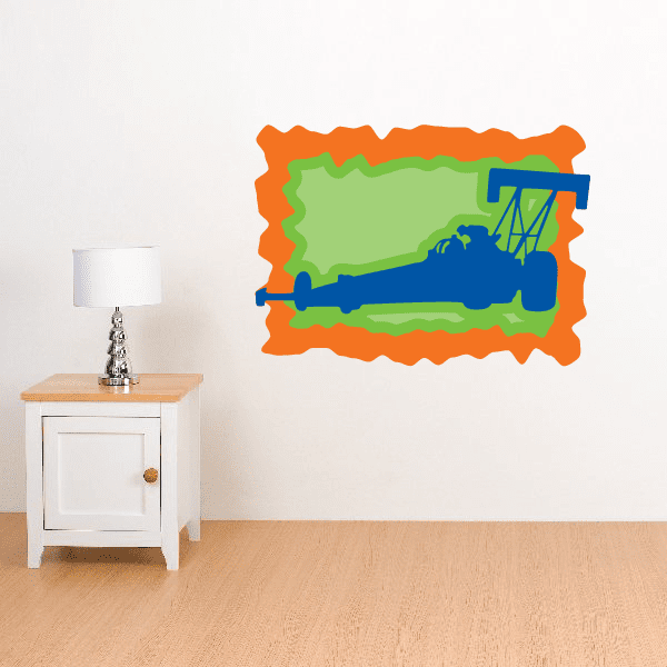 Race car wall sticker with orange border, green track, and blue car and flags