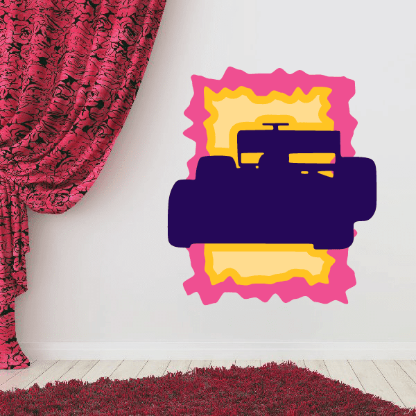 Race car sticker with purple car, yellow highlights, and pink border
