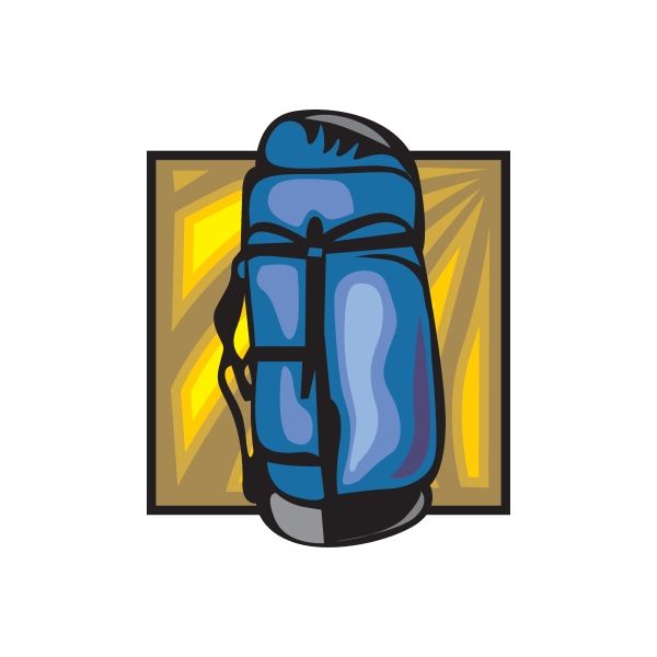 Blue camping backpack sticker with stylized blue backpack on square design