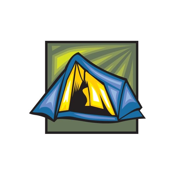 Blue camping tent sticker with yellow tent interior and blue outer walls