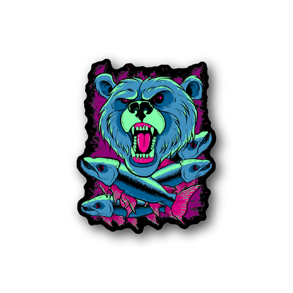 Blue grizzly bear vinyl sticker with open-mouthed bear and claws, neon colors
