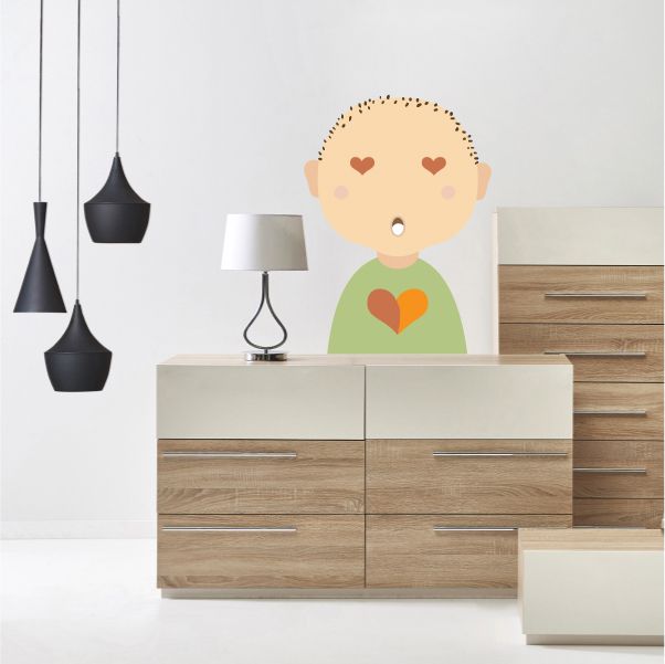 Cartoon boy wall sticker with blue hair, heart details on cheeks and shirt