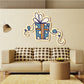 Blue polka dot gift present sticker with bow, outlined in white and yellow