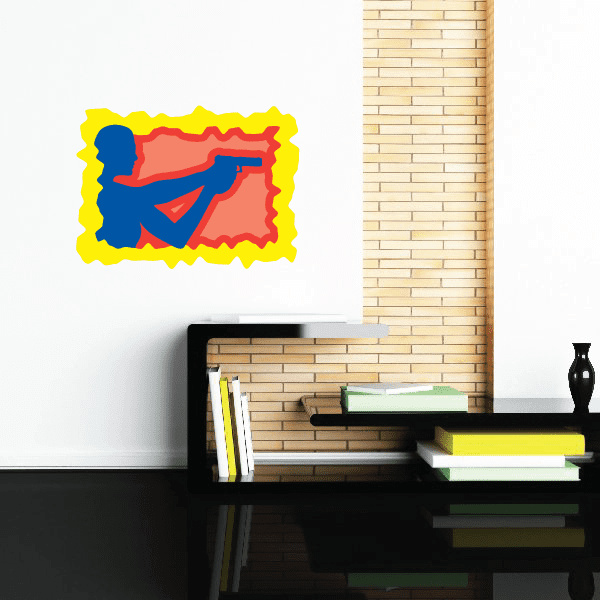 Handgun sticker with blue and red handgun graphic on yellow border