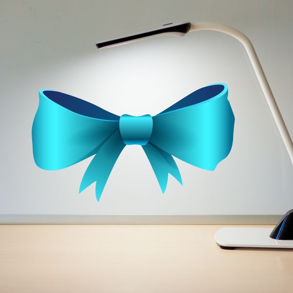 Blue bow ribbon wall decal with curled ends and center knot, vinyl sticker