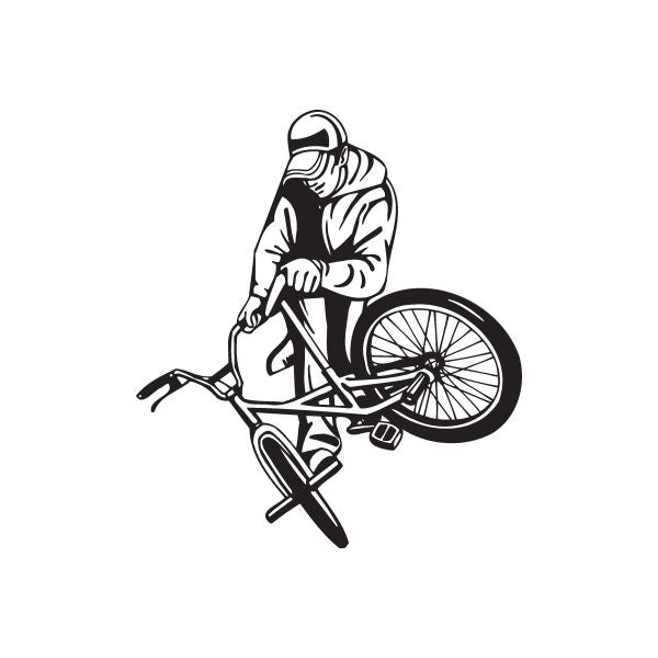 BMX bike vinyl wall decal of a black-and-white rider with a BMX bicycle and wheels
