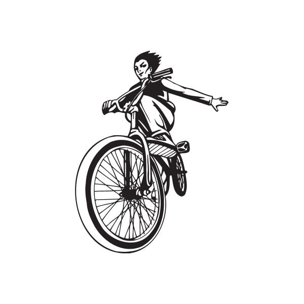 BMX bike wall decal vinyl of a black line-art rider on a bicycle wheel