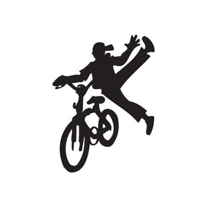 Black BMX rider vinyl wall decal, riding bike with raised arm