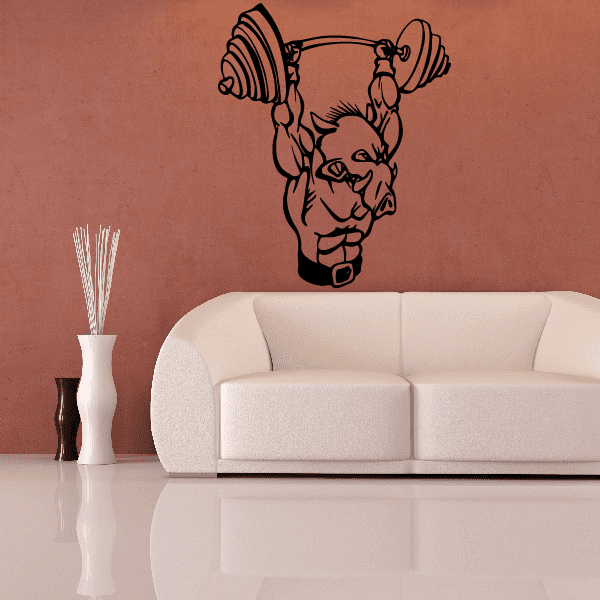 Boar bodybuilder decal of a muscular pig lifting barbells, black outline