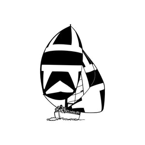 Sailboat vinyl window decal sticker, black silhouette with sails and wave lines