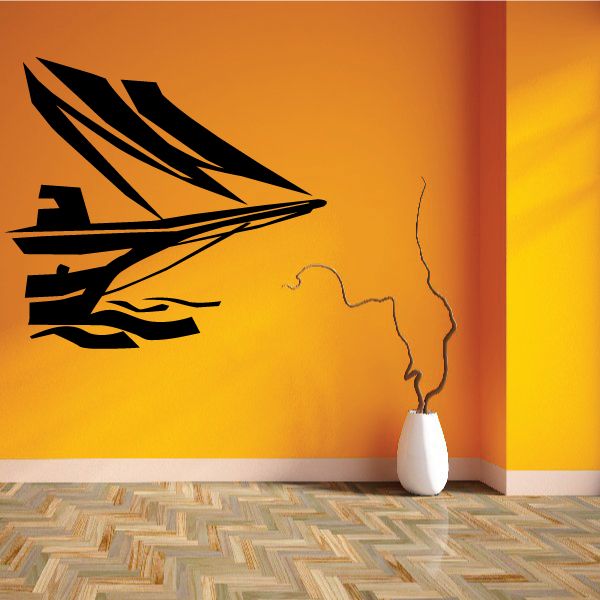 Black boat bow wall decal with stylized sails and hull lines