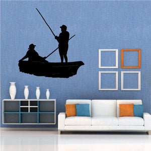 Fisherman boat vinyl wall decal silhouette with fishing rod
