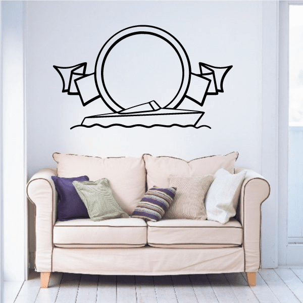 Decorative wall decal with magnifying glass, ribbon bows, and banner