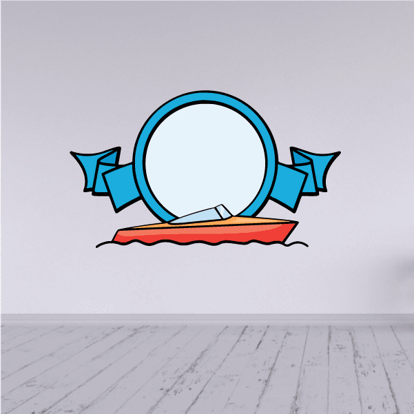 Boat frame sticker with magnifying glass, teal ribbons, and red waves
