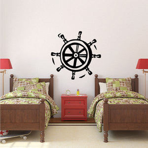 Boat steering wheel wall decal, black ship wheel with anchor and rope details