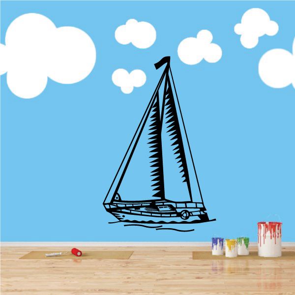 Vinyl sailboat wall decal with black sails and white clouds