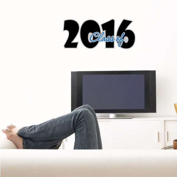 Class of 2016 vinyl wall decal, bold black and teal lettering with white outline