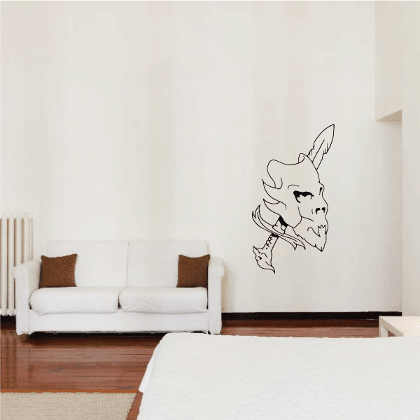 Bone mask and sword wall decal, black outline on white surface