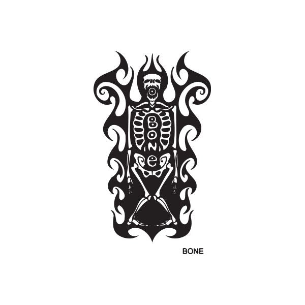 Bone spray paint can decal: black flame skull graphic with 'BONE' text