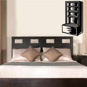 Black wall bookshelf decal with stacked book shelves, above bed headboard
