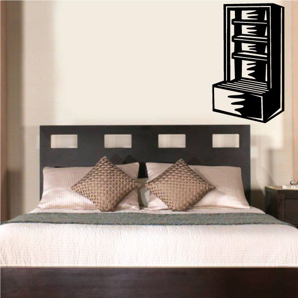 Black wall bookshelf decal with stacked book shelves, above bed headboard