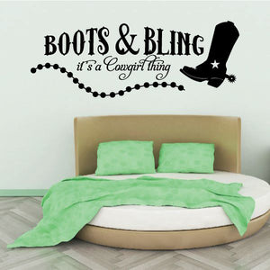 Western wall decal: 'BOOTS & BLING' quote with boot silhouette and beaded line
