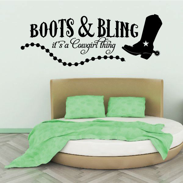 Western wall decal: 'BOOTS & BLING' quote with boot silhouette and beaded line