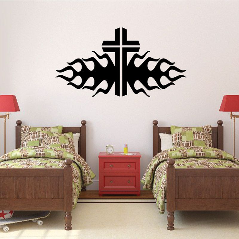 Image of Bordered Cross with Tribal Flames Decal