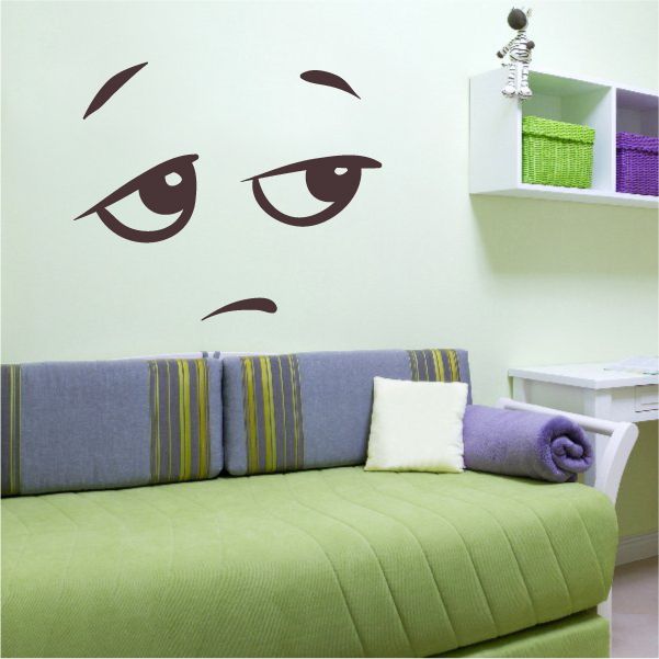 Bored face expression wall decal with sleepy half-closed eyes, vinyl sticker
